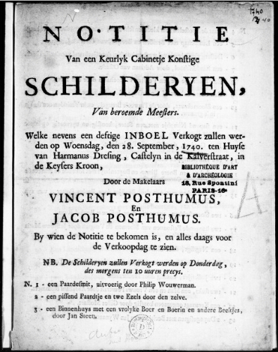 Notitie van een Keurlyk Cabinetje Konstige Schilderyen, van beroemde meesters [...] : [vente du 28 septembre 1740]