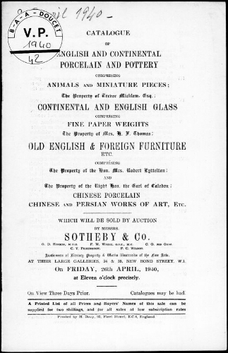 Catalogue of English and Continental Porcelain and Pottery [...] : [vente du 26 avril 1940]