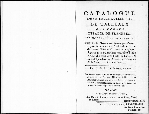 Catalogue d’une belle collection de tableaux des écoles d’Italie, de Flandres, de Hollande et de France [...] : [vente du 21 juin 1784]
