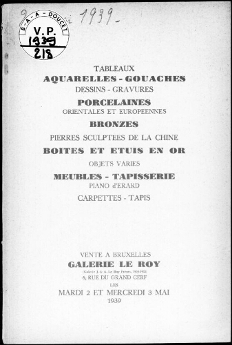 Catalogue de tableaux, aquarelles, gouaches, dessins, miniatures, gravures [...] : [vente des 2 et 3 mai 1939]