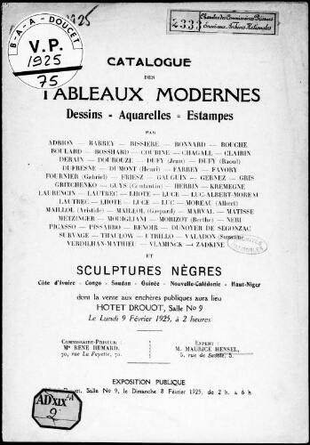 Catalogue des tableaux modernes, dessins, aquarelles, estampes, par Adrion, Barrey, Bissière [...] : [vente du 9 février 1925]