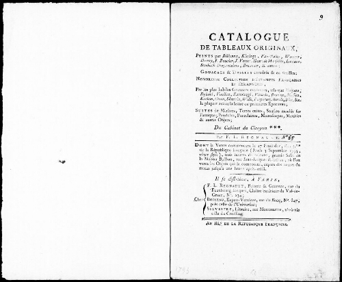 Catalogue de tableaux originaux [...] : [vente du 3 septembre 1795]