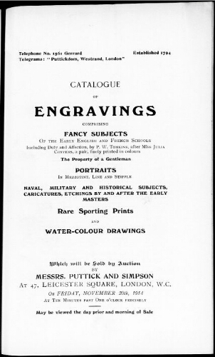 Catalogue of engravings […] : [vente du 20 novembre 1914]