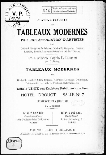 Catalogue des tableaux modernes par une association d'artistes [...] : [vente du 4 juin 1919]