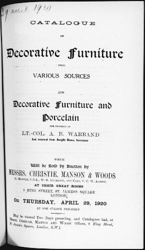 Catalogue of decorative furniture from various sources and decorative furniture and porcelain […] : [vente du 29 avril 1920]