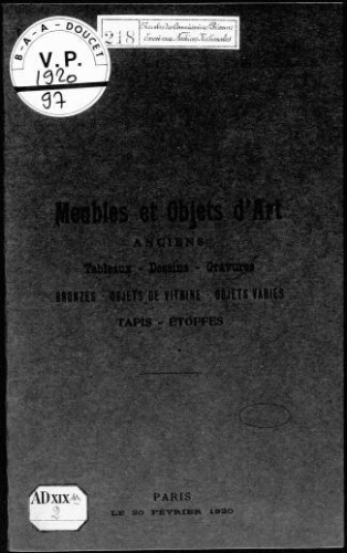 Catalogue des objets d'art et d'ameublement anciens [...] : [vente du 20 février 1920]