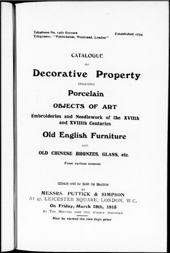 Catalogue of decorative property including porcelain, objects of art […] : [vente du 19 mars 1915]