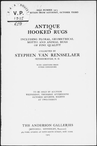 Antique hooked rugs [...] collected by Stephen Van Rensselaer, Peterborough [...] : [vente des 7 et 8 octobre 1925]