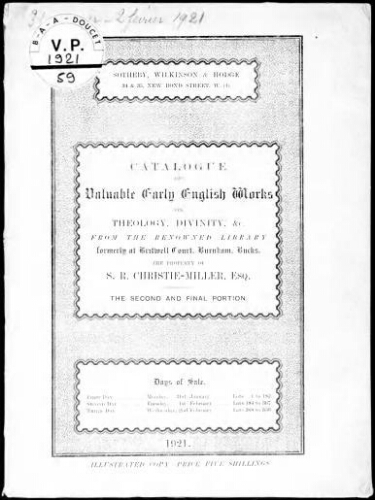 Catalogue of valuable early english works on theology, divinity [...] : [vente du 31 janvier 1921]
