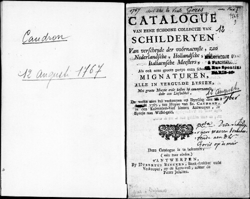 Catalogue van eene schoone collectie van Schilderyen van verscheyde der voornaemste [...] : [vente du 12 août au 1er septembre 1767]