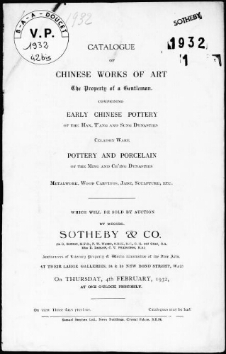 Catalogue of Chinese works of art, the property of a Gentleman […] : [vente du 4 février 1932]