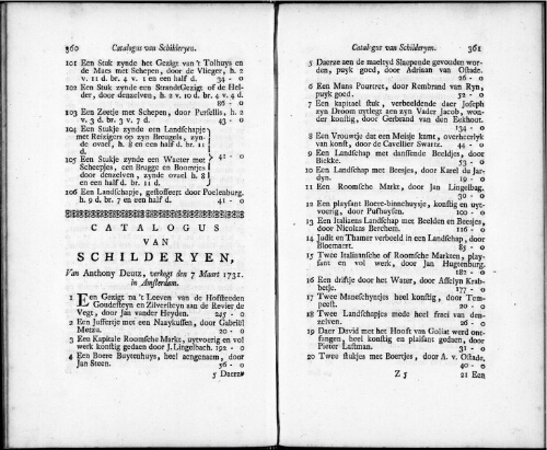 Catalogus van Schilderyen van Anthony Deutz [...] : [vente du 7 mars 1731]
