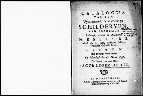 Catalogus van een Uytmuntende Versamelinge Schilderyen [...] : [vente du 18 mars 1743]