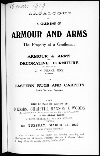 Catalogue of a collection of armour and arms [...] : [vente du 18 mars 1919]