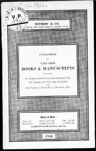 Catalogue of valuable Books and Manuscripts [...] : [vente des 17 et 18 juin 1940]