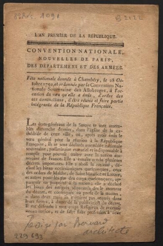 Fête nationale donnée à Chambéry, le 28 octobre 1792 [...]