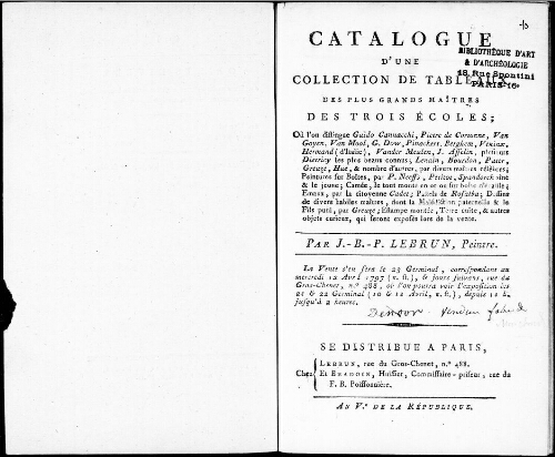 Catalogue d'une collection de tableaux des plus grands maîtres des trois écoles [...] : [vente du 12 avril 1797]
