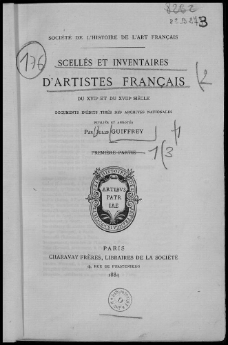 Scellés et inventaires d'artistes français du XVIIème et du XVIIIème siècle. Partie 1