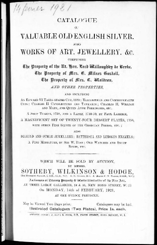 Catalogue of valuable old English silver, also works of art, jewellery [...] : [vente du 14 février 1921]