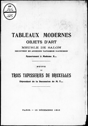 Catalogue des tableaux modernes […] : [vente du 15 décembre 1916]