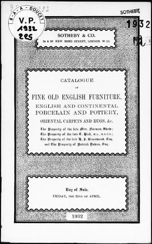 Catalogue of fine old English furniture [...], the property of the late Mrs. Norman Shaw [...] : [vente du 22 avril 1932]