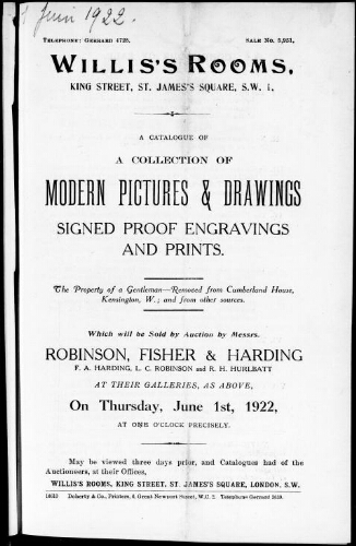Catalogue of a collection of modern pictures and drawings, signed proof engravings and prints [...] : [vente du 1er juin 1922]