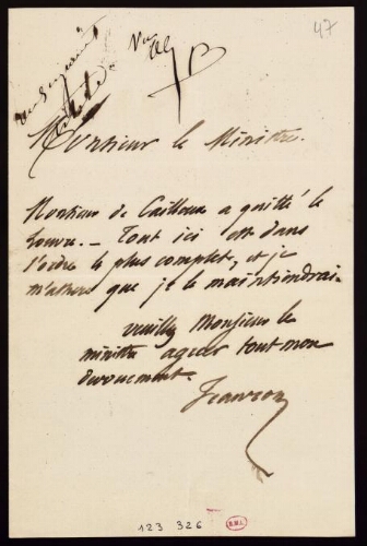 Philippe-Auguste Jeanron. Lettre autographe signée de Philippe-Auguste Jeanron à un ministre [Ledru-Rollin ?]