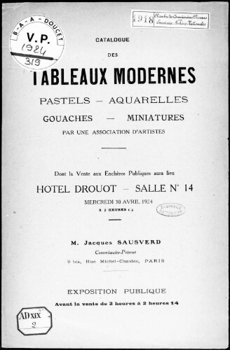 Catalogue des tableaux modernes, pastels, aquarelles, gouaches, miniatures, par une association d'artistes [...] : [vente du 30 avril 1924]
