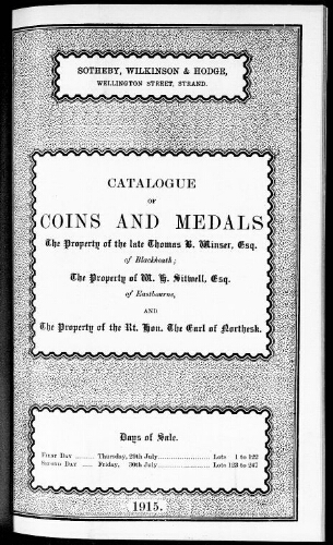 Catalogue of a collection of Greek, Roman, English and foreign coins and medals […] : [vente du 29 juillet 1915]