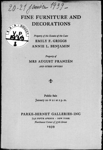 English, American, French and other furniture […] : [vente des 20 et 21 janvier 1939]
