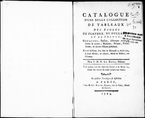 Catalogue d’une belle collection de tableaux des écoles de Flandre, de Hollande et de France [...] : [vente du 14 avril 1784]