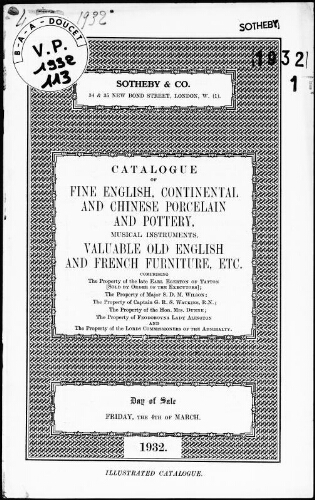 Catalogue of fine English, continental and Chinese porcelain and pottery [...], the property of the late Earl Egerton of Tatton [...] : [vente du 4 mars 1932]