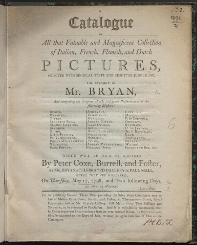 Catalogue of all that valuable and magnificent collection [...] the property of Mr. Bryan : [vente du 17 mai 1798]