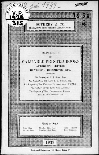 Catalogue of valuable printed books, autograph letters, historical documents […] : [vente du 12 juin 1939]