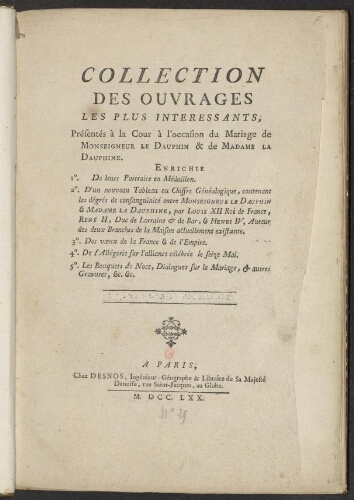 Collection des ouvrages les plus intéressants, présentés à la cour à l'occasion du mariage de monseigneur le Dauphin et de madame la Dauphine [...]