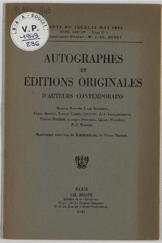 Autographes et éditions originales d'auteurs contemporains : [vente du 13 mai 1943]