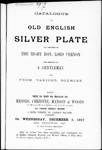 Catalogue of old English silver plate […] : [vente du 5 décembre 1917]