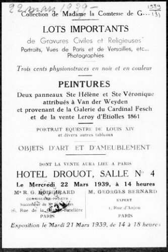 Lots importants de gravures civiles et religieuses, portraits, vues de Paris et de Versailles […] : [vente du 22 mars 1939]