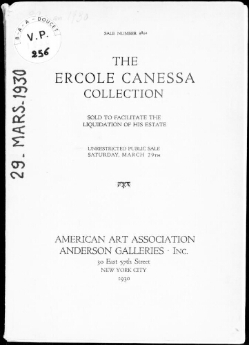 Ercole Canessa collection, sold to facilitate the liquidation of his estate : [vente du 29 mars 1930]