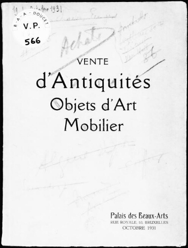 Vente d'antiquités, objets d'art, mobilier : [vente des 19 et 20 octobre 1931]
