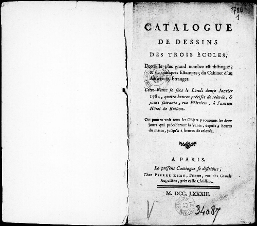 Catalogue de dessins des trois écoles, dont le plus grand nombre est distingué, et de quelques estampes [...] : [vente du 12 janvier 1784]