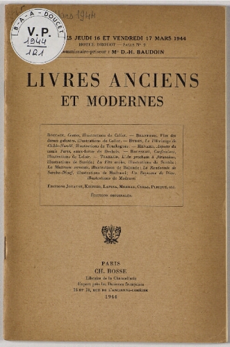 Livres anciens et modernes : [vente des 16 et 17 mars 1944]