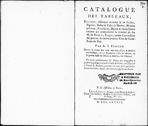 Catalogue des tableaux, dessins, estampes montées et en feuilles [...] : [vente du 16 novembre 1784]