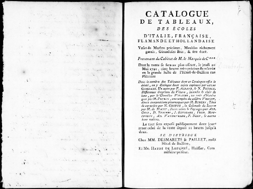Catalogue de tableaux des écoles d’Italie, française, flamande et hollandaise [...] : [vente du 20 mai 1790]