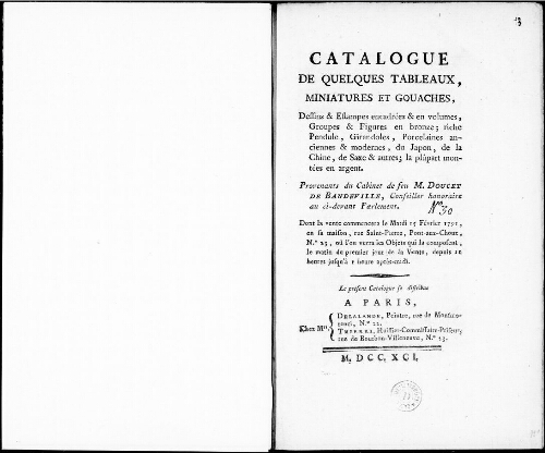 Catalogue de quelques tableaux, miniatures et gouaches, dessins et estampes [...] : [vente du 15 février 1791]