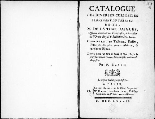Catalogue des diverses curiosités provenant du cabinet de feu M. de la Tour Daigues [...] : [vente du 15 mai 1777]