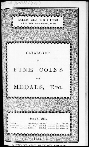 Catalogue of fine coins and medals, etc. : [vente du 18 au 20 juillet 1923]