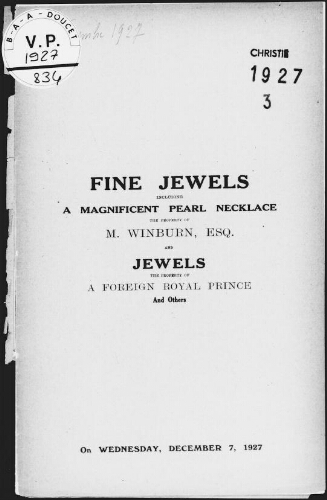 Fine jewels, including a magnificent pearl necklace, the property of M. Winburn [...] : [vente du 7 décembre 1927]