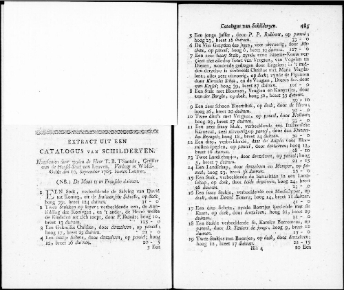 Extract uit een Catalogus van Schilderyen nagelaaten door wylen de Heer T. B. T'Santels [...] : [vente du 10 septembre 1765]