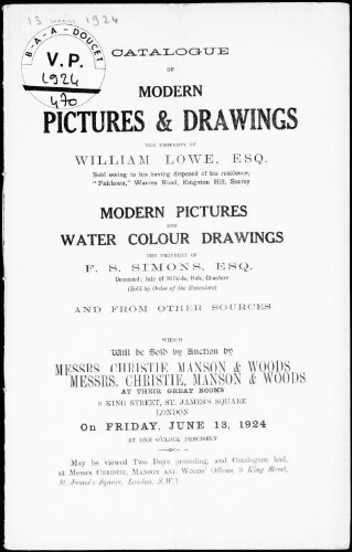 Catalogue of modern pictures and drawings, the property of William Lowe, Esq. [...] : [vente du 13 juin 1924]